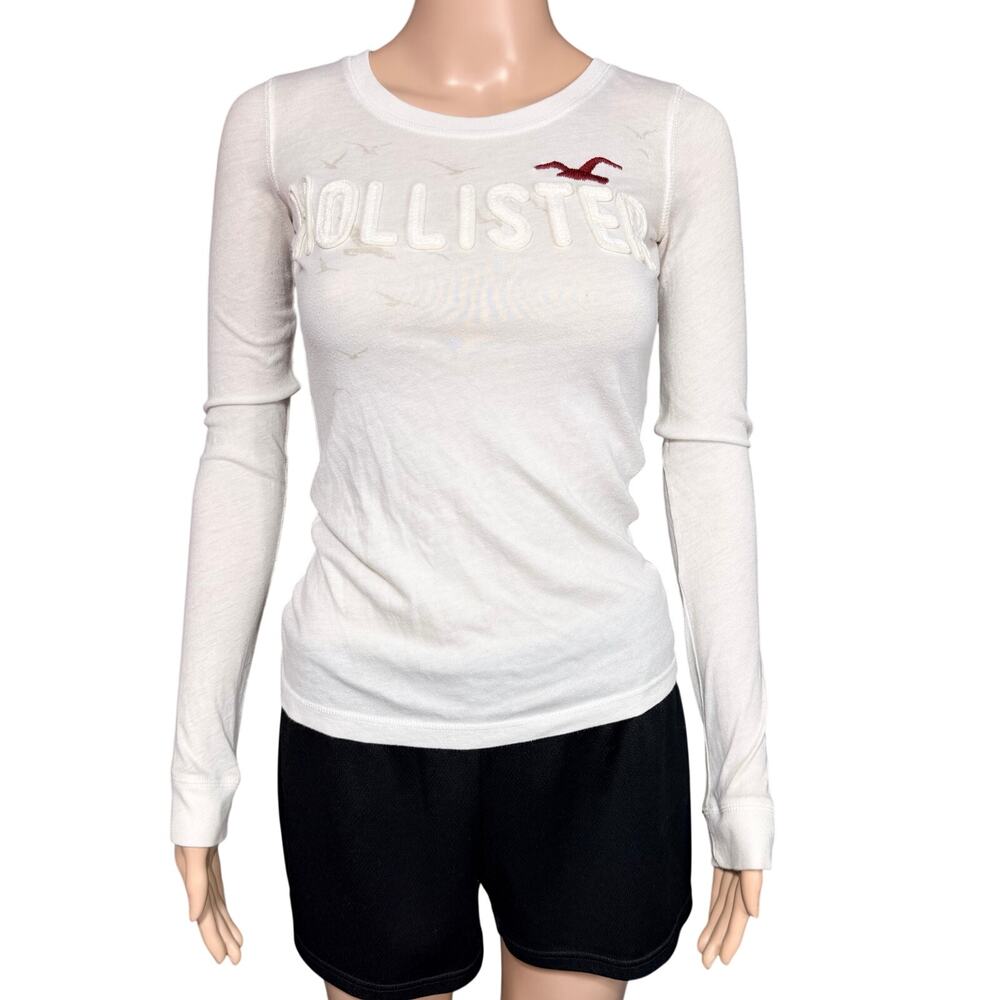 Y2K Hollister Womens T Shirt Top Long Sleeve Pullover Slim Fit Logo White Small